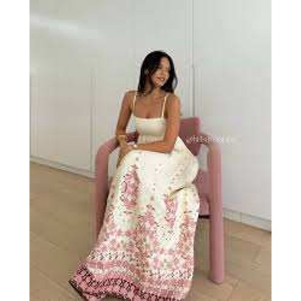 Tree of Life Cream Pink Floral Damask Border Print Linen Maxi Dress Empire Waist - Picture 2 of 12